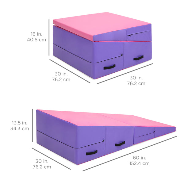 Best Choice Products 60x30x14in Folding 2-Panel Foam Cheese Wedge Incline Gym Mat for Tumbling, Aerobics, Cheer, Dance w/ Handles - Pink/Purple
