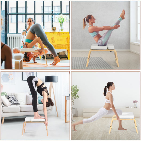 Yoga Headstand Bench Wood Stand w/ PVC Pads for Family Gym Relieve Fatigue