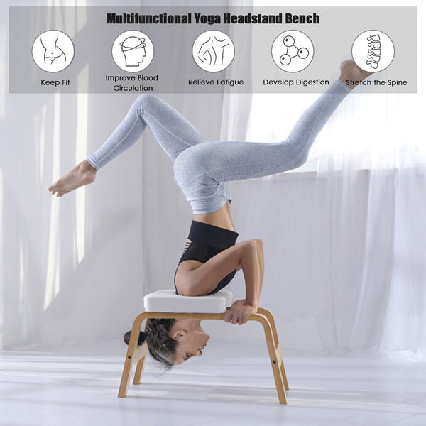 Yoga Headstand Bench Wood Stand w/ PVC Pads for Family Gym Relieve Fatigue