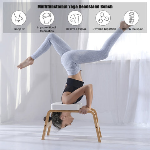 Yoga Headstand Bench Wood Stand w/ PVC Pads for Family Gym Relieve Fatigue